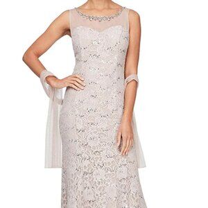 AlexEvenings Sleeveless Illusion Neck Evening Dress (Beige, 4) NO SHAWL, 1 PIECE